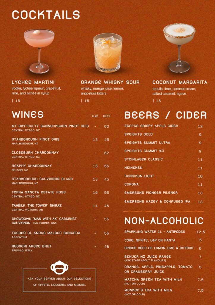 Monkee's Menu - Asian Fusion Queenstown - Drinks Restuarant